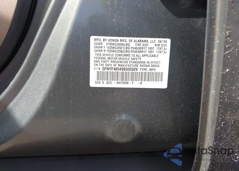 2009 Honda Pilot Ex-L из США, поврежденный, VIN 5FNYF48549B000929